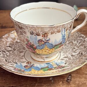 Vintage Colclough Bone China Teacup Saucer Crinoline Lady Gold Gilt